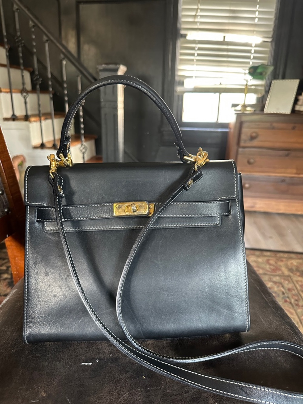 Tanners vintage Classic Structured Black Leather Satchel with Gold Hardware